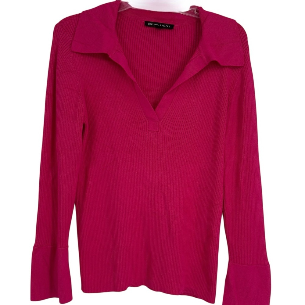 Boston Proper Pink collared Sweater Size Large Long Sleeves Pullover Rib Knit